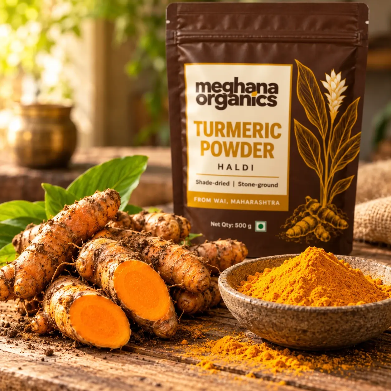 Fresh turmeric roots, two cut open, beside a bowl of turmeric powder and a pouch of Meghana Organics turmeric powder