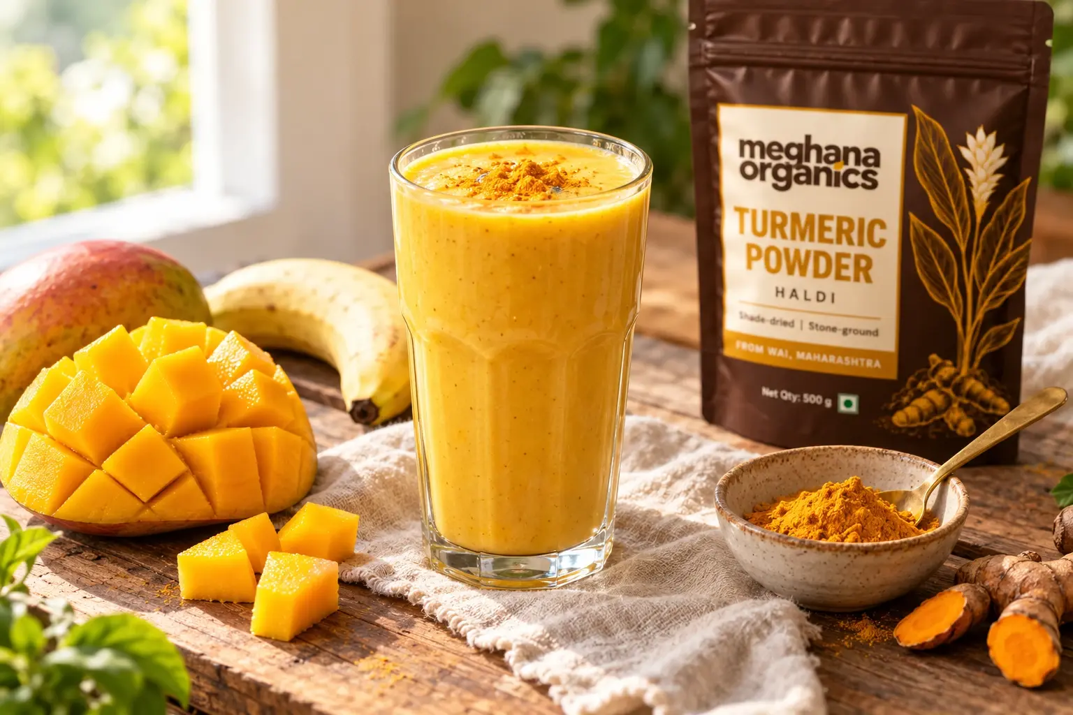 A glass of mango smoothie dusted with turmeric, with fresh mango, a banana and a pouch of Meghana Organics turmeric powder