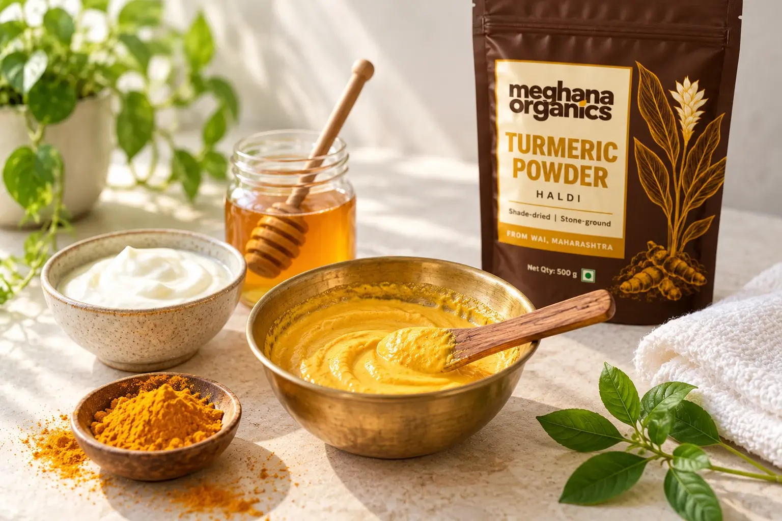 A brass bowl of turmeric, yogurt and honey paste beside a pouch of Meghana Organics turmeric powder