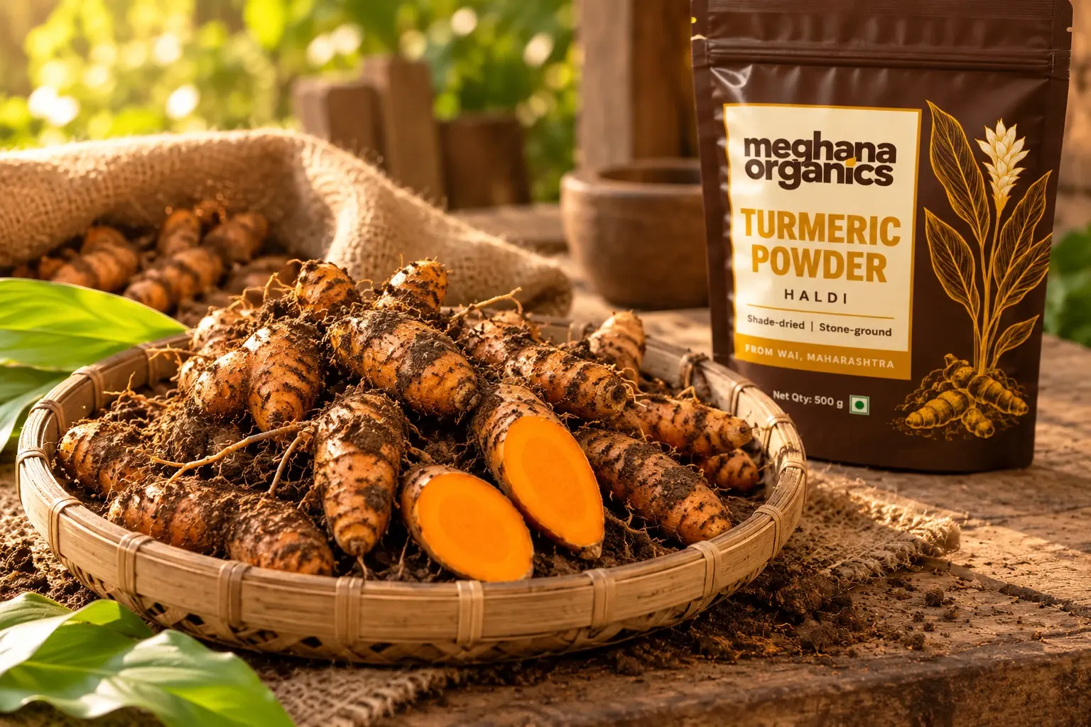 A basket of freshly dug turmeric roots, two cut open, beside a pouch of Meghana Organics turmeric powder