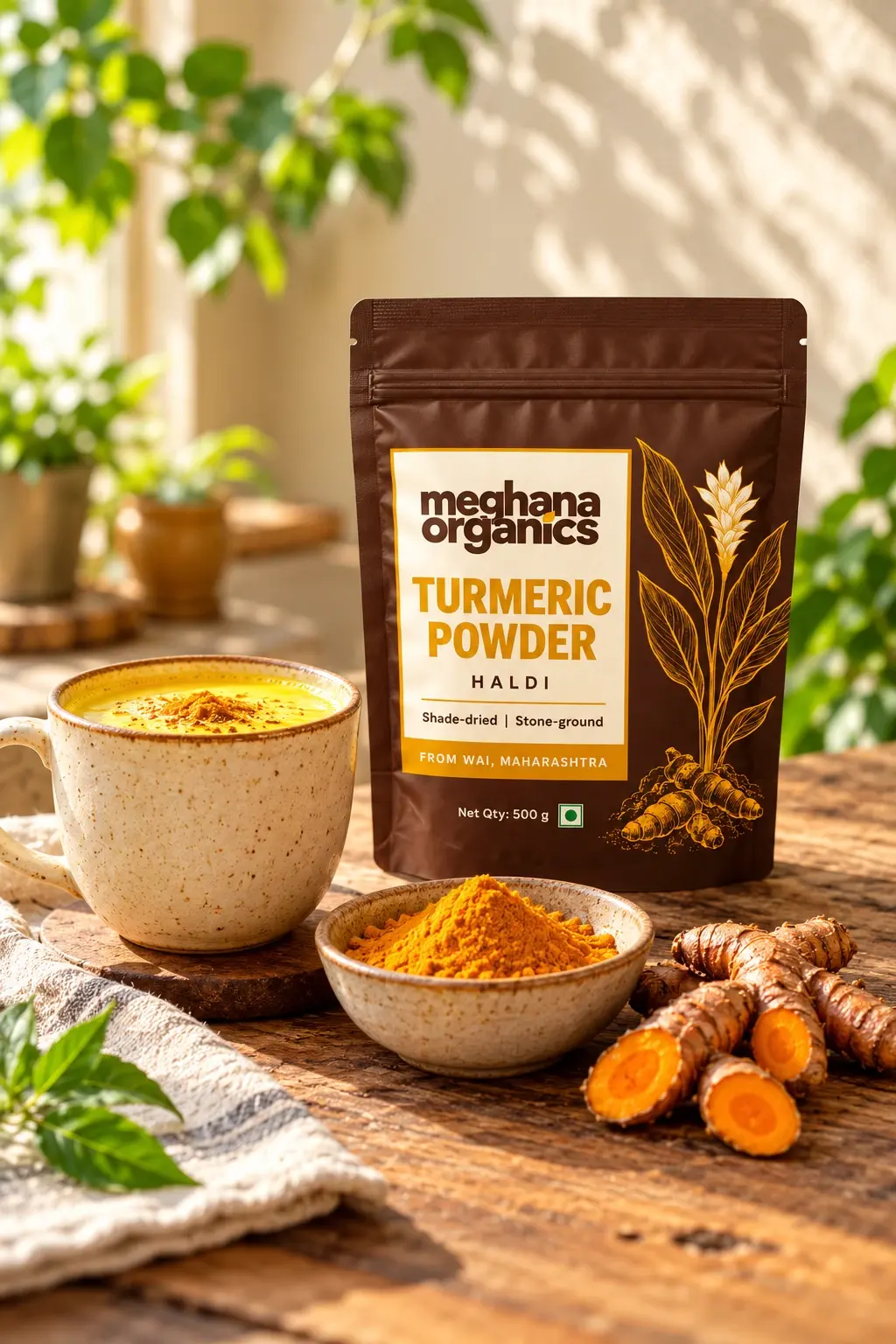 A pouch of Meghana Organics turmeric powder with a cup of golden milk, a bowl of turmeric powder and fresh turmeric roots